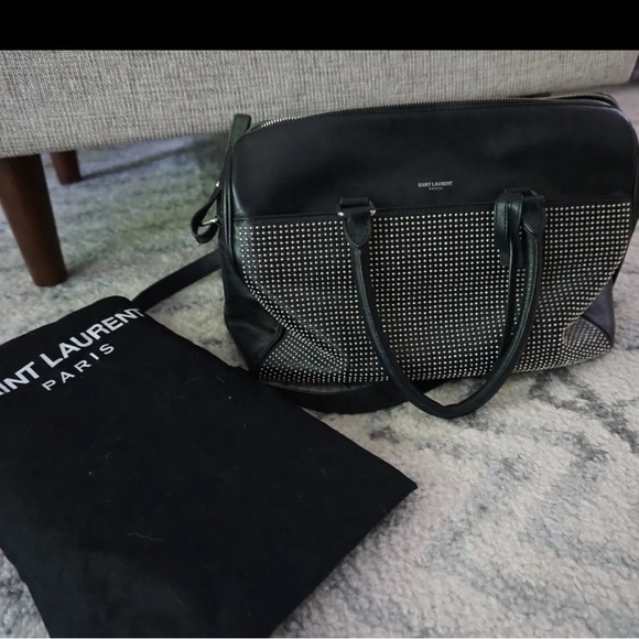 Yves Saint Laurent YSL Black Studded Duffel 6 Shoulder Bag Purse Silver - Picture 11 of 16